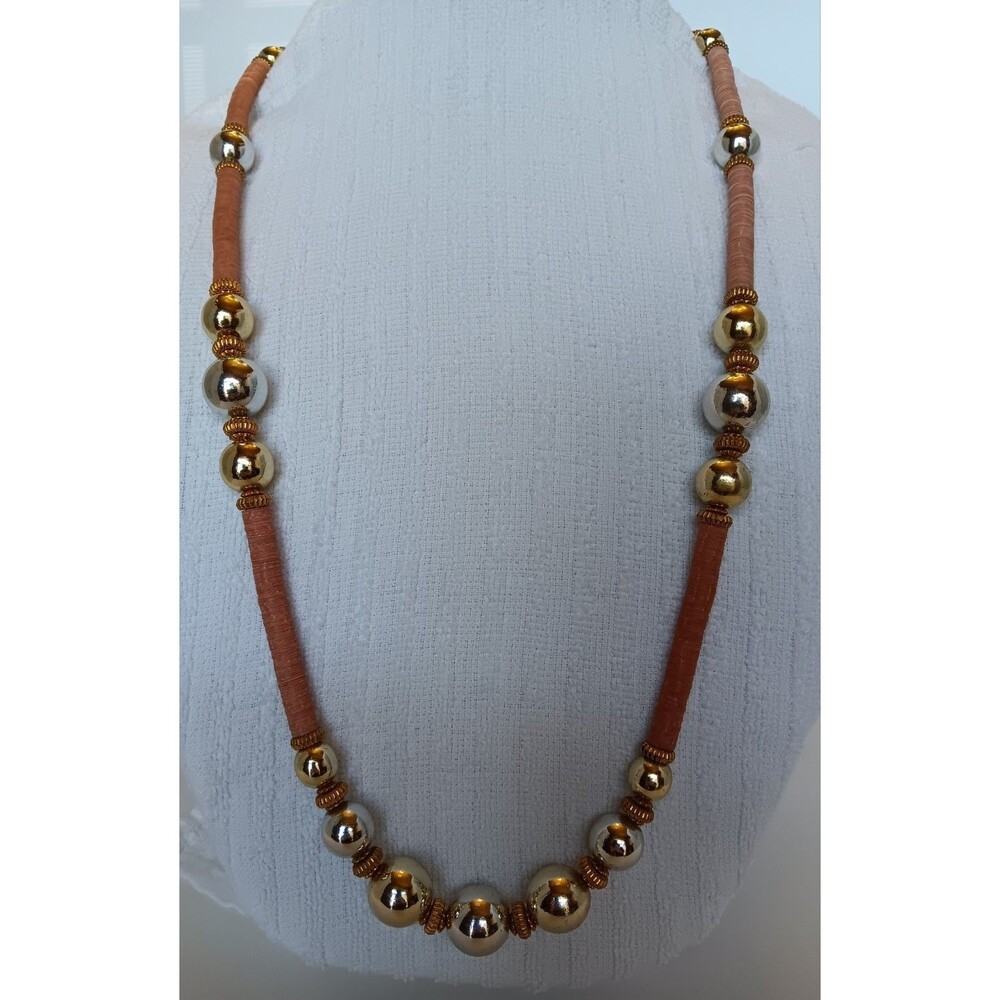 Vintage Signed CADORO Boho Two-Tone Ball Bead & Sequin Heshi Bead Necklace 38 in